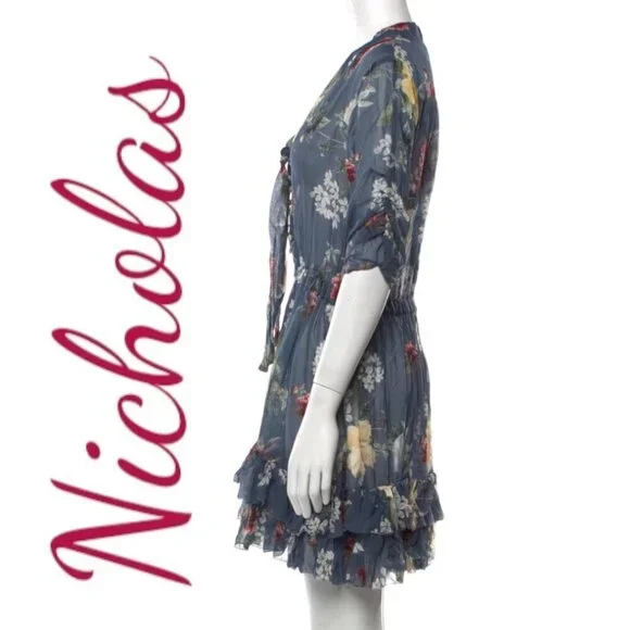 NWT NICHOLAS 100% Silk Floral Ruffled Mini Dress,‎ Size 8 - Picture 9 of 12
